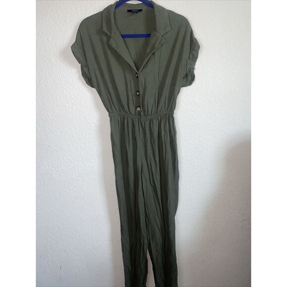 Linen army green Jumper Romper Jumpsuit S Pants Button Front Forever 21 - Picture 1 of 11